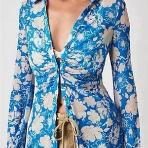 Free People Semisheer Blue And White Lucky Floral Blouse Size Small